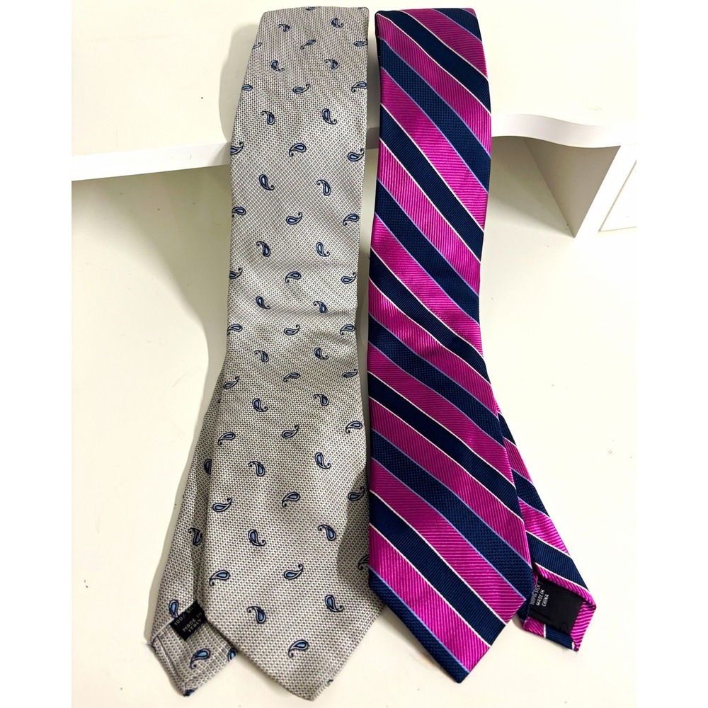 Jos. A. Bank Mens Silk Neckties Lot of 2 Gray Paisley & Blue Magenta Striped